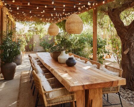 Large wooden dining table under a pergola with wicker chairs.