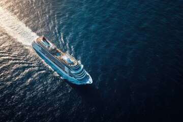 High-angle view of a large cruise ship sailing on a deep blue ocean, leaving a white wake behind it in the sunlight