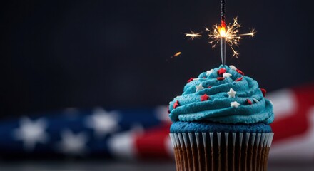 Festive 4th of July cupcake with sparkler. Delicious background for food blogs, party invites, or holiday promotions.
