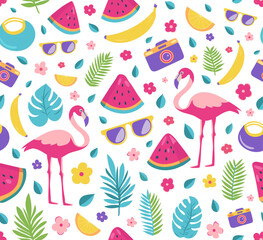 Seamless summer pattern with flamingos, tropical fruits, palm leaves, sunglasses, cameras and flowers. Bright vector design in flat style. Perfect for summer prints and backgrounds