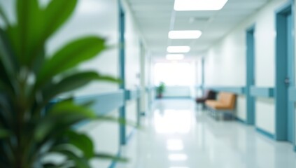 Fototapeta premium Blurred image of a bright hospital hallway featuring medical beds, carts, and equipment. Clean, sterile environment with natural light. 