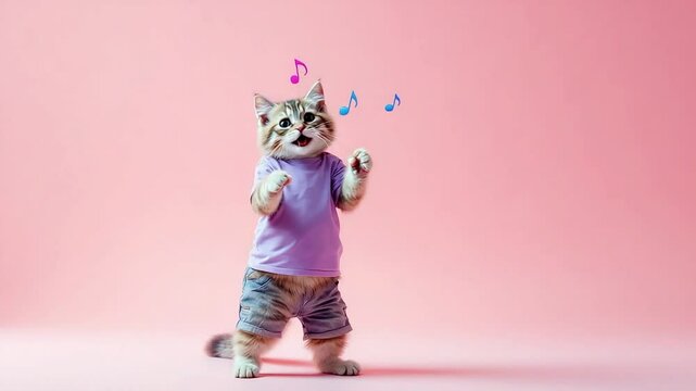Adorable kitten in purple shirt and shorts sings, music notes float above