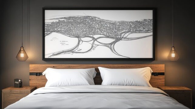 Detailed city map graphic displayed in a modern bedroom setting.
