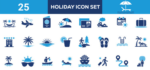 Holiday and Travel Icons Vacation, Beach, Hotel, and Adventure Symbol Set for Summer Getaways vector  Illustration Design