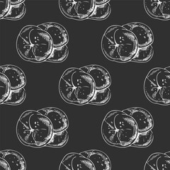 Hand drawn vintage seamless pattern of rustic bread rolls in engraving sketch style on chalkboard background
