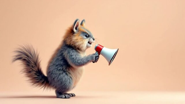 Adorable squirrel using a megaphone on a peach background
