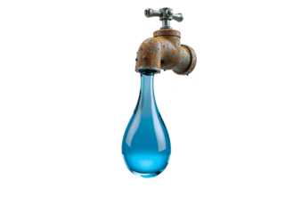 Water drop hanging from rusty faucet, perfect for conservation, plumbing, or drought-themed designs. Generative AI