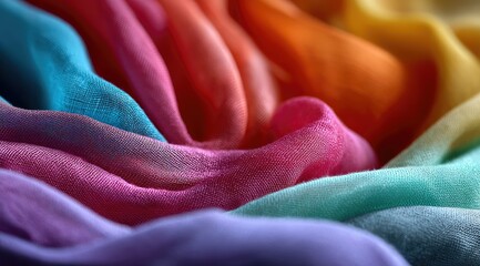 A vibrant swirl of sheer, multicolored fabric, showcasing a gradient of colors from teal to orange, with soft folds and textures.  