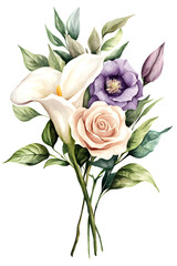 Watercolor floral bouquet with cream calla lilies blush rose and purple clematis flowers with green leaves isolated on transparent background