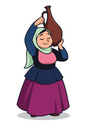 A young woman of Middle Eastern descent with a light brown skin tone, wearing a green hijab, a pink inner shirt, a blue long-sleeved shirt, and a purple skirt, is holding a brown clay pot above her he