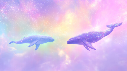 Obraz premium Fantasy whale swimming through colorful dreamlike skies and cosmic underwater scenes, blending marine life with surreal space elements.