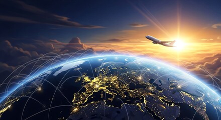 Airplane flying over illuminated global network connections at sunset over Earth