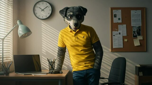 Anthropomorphic dog in a yellow polo shirt stands casually in a sunlit home office