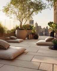 Rooftop patio with comfortable seating and lush greenery.