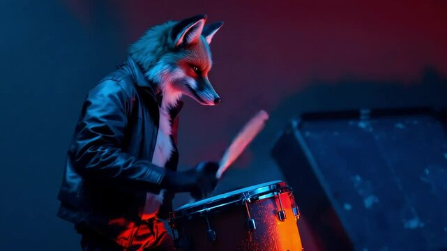 Anthropomorphic fox drummer in leather jacket plays snare drum under neon lights