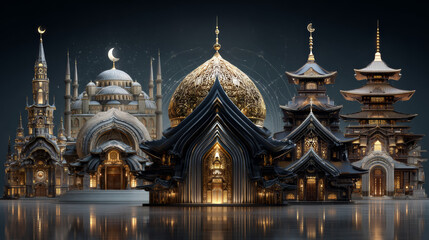 Obraz premium Cartoon religious buildings set with mosque, buddhist temple, orthodox church and catholic chapel. Traditional sacred architecture of different faiths with golden domes, minarets, pagoda roof.