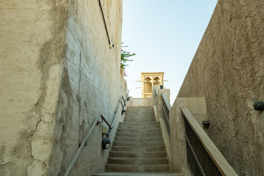 narrow street in the old historical neighborhood of Al seef Dubai