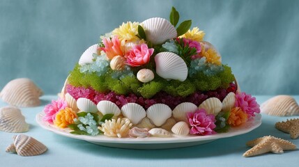 Obraz premium Colorful floral and seashell cake decorated with vibrant wildflowers and shells