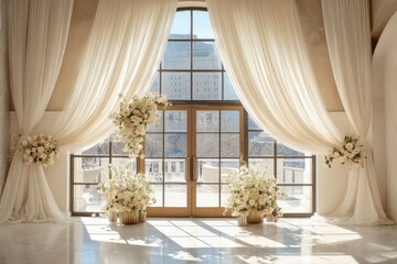 Sunlit interior with floor-to-ceiling drapes framing a large window and featuring cream floral arrangements