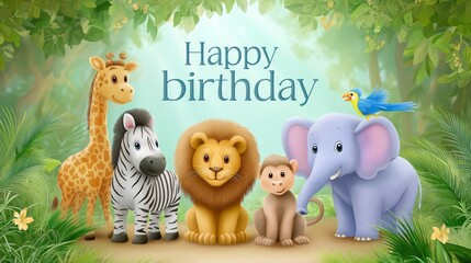 Fototapeta premium Cute cartoon jungle animals with happy birthday greeting in lush greenery