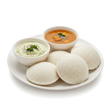 idli with coconut chutney and sambhar, traditional breakfast , isolated on white background