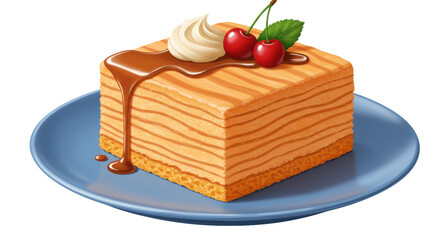 Isolated Layered honey cake with cherries and whipped cream