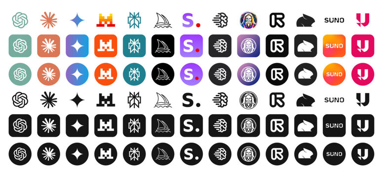 AI platform and model icon set. Modern vector symbols of generative tools for text, image, audio, and video creation. ChatGPT, Midjourney, Suno, Mistral, Claude, etc.