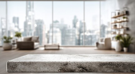 A light grey stone tabletop sits in focus against a blurred backdrop of a modern, bright living room with a cityscape view through large windows
