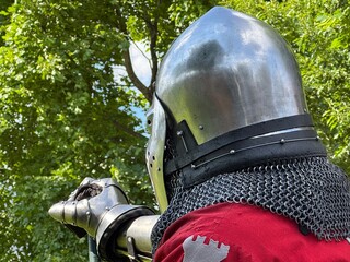 Cavaliere in armatura che guarda davanti a sé in un bosco
