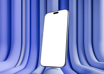 A smartphone with a blank screen floats against a modern, abstract rounded  blue  and white background. CGI render