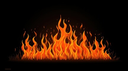 A vibrant, horizontal depiction of intense orange and yellow flames against a stark black background, seemingly emerging from low-lying vegetation or ground cover.  