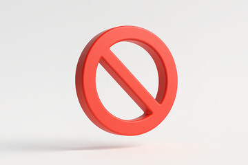 A simple red 3d prohibition sign with a diagonal line on a white background in a studio shot