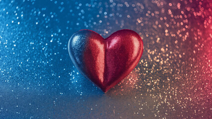 Glittering hearts and sparkles in red-blue bokeh. Valentine abstract concept.

