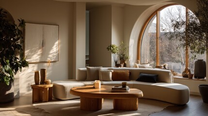 Fototapeta premium Modern living room with natural light and warm tones.