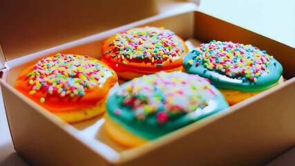 Four iced sugar cookies topped with colorful rainbow sprinkles placed in a plain brown box on a light surface, perfect for gifting or celebrations - Powered by Adobe