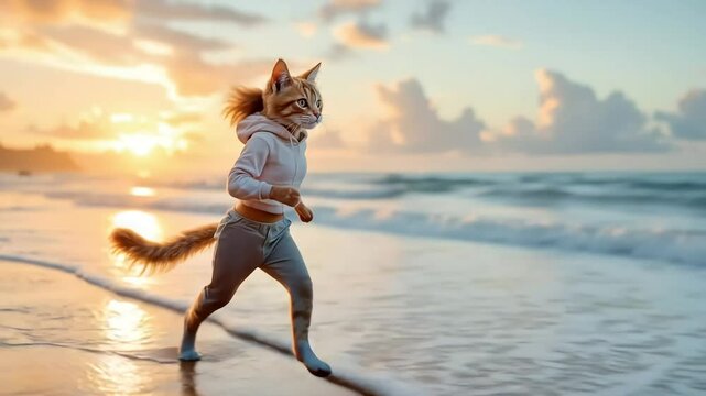 Anthropomorphic ginger cat jogging on a beach at sunset, wearing human clothes