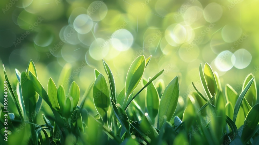 Poster close up of green leaves with blurred background and sunlight creating bokeh effect in the backgroun