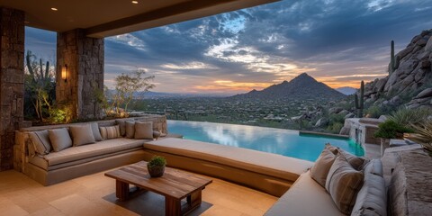 Fototapeta premium Serene mountain vista overlooking a modern outdoor living space.