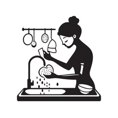 Vector illustration of a cartoon character washing dishes. A fun and relatable kitchen scene showing daily chores and household cleanliness