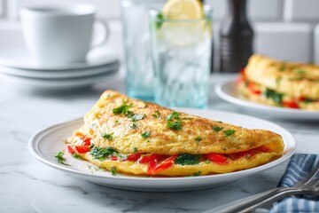 A fluffy omelette filled with spinach and red bell peppers rests on a white plate, garnished with parsley.  A second omelette is visible in the background, along with a glass of water and coffee cup