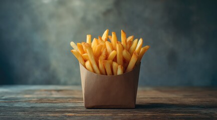 A paper container overflowing with golden-brown, crispy French fries sits on a rustic wooden table against a dark, textured backdrop