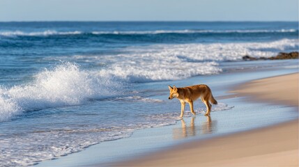 Naklejka premium Lone dingo exploring pristine beach shoreline with gentle waves