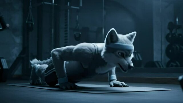Anthropomorphic wolf doing push-ups on a mat in a dimly lit gym
