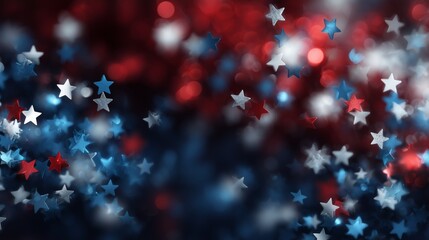 abstract background with red white blue stars and fireworks bokeh