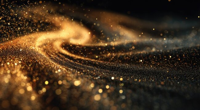 Swirling, golden particles on a dark background, creating a luminous, abstract wave pattern with depth and texture