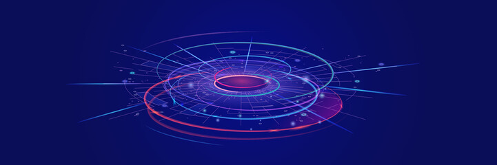 Abstract circular futuristic design with bright vibrant neon lights on a dark blue background For technology presentations, AI concepts, and digital network interfaces.