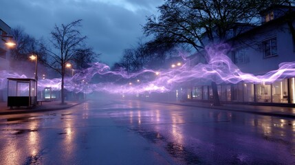 Mystical purple light trail on rainy urban street at dusk