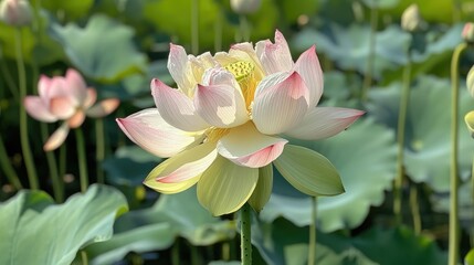 Obraz premium A peaceful water garden with a pale pink lotus in full bloom beside vibrant green lily pads