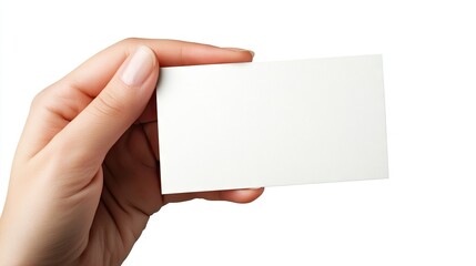 Obraz premium A person's hand holding a blank white business card against a seamless white background, ready for design mockups