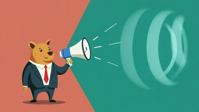 Cartoon bear in suit and tie using megaphone on split color background